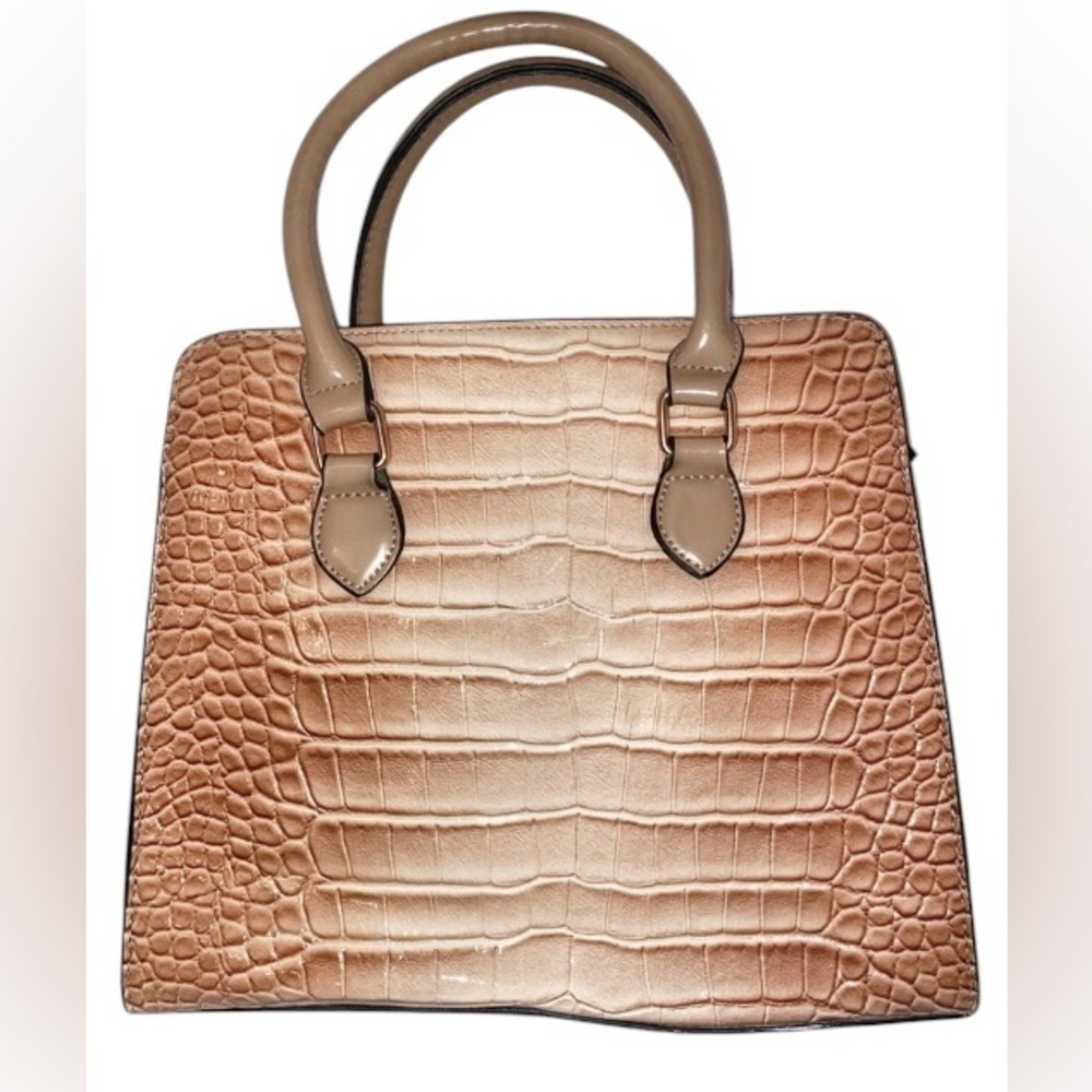 CROCODILE EMBOSSED Zippered Satchel Handbag Vegan Leather Tan and Brown